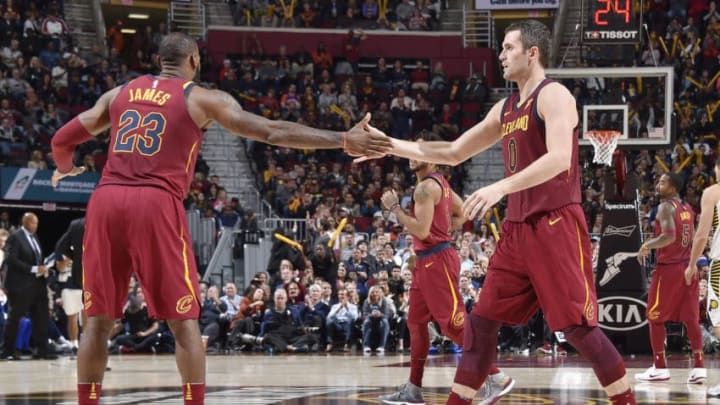 CLEVELAND, OH - NOVEMBER 1: Kevin Love #0 of the Cleveland Cavaliers gives high five to LeBron James #23 of the Cleveland Cavaliers during the game against the Indiana Pacers on November 1, 2017 at Quicken Loans Arena in Cleveland, Ohio. NOTE TO USER: User expressly acknowledges and agrees that, by downloading and or using this Photograph, user is consenting to the terms and conditions of the Getty Images License Agreement. Mandatory Copyright Notice: Copyright 2017 NBAE (Photo by David Liam Kyle/NBAE via Getty Images)