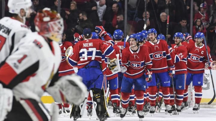 MONTREAL, QC - NOVEMBER 29: Montreal Canadiens players celebrate after defeating the Ottawa Senators in the NHL game at the Bell Centre on November 29, 2017 in Montreal, Quebec, Canada. (Photo by Francois Lacasse/NHLI via Getty Images)