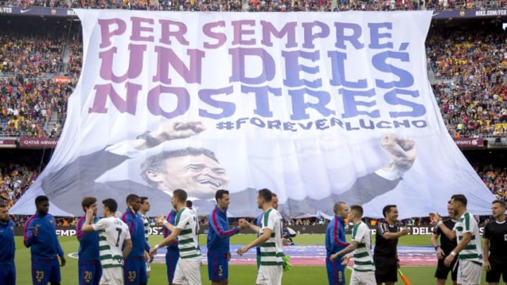 BARCELONA, SPAIN - May 21: Barcelona's supporters hold a gigant banner supporting the FC Barcelona's coach Luis Enrique Mertinez, prior the La Liga match between the FC Barcelona and SD Eibar CF at the Camp Nou stadium in Barcelona, Spain on May 21, 2017. (Photo by Albert Llop/Anadolu Agency/Getty Images)