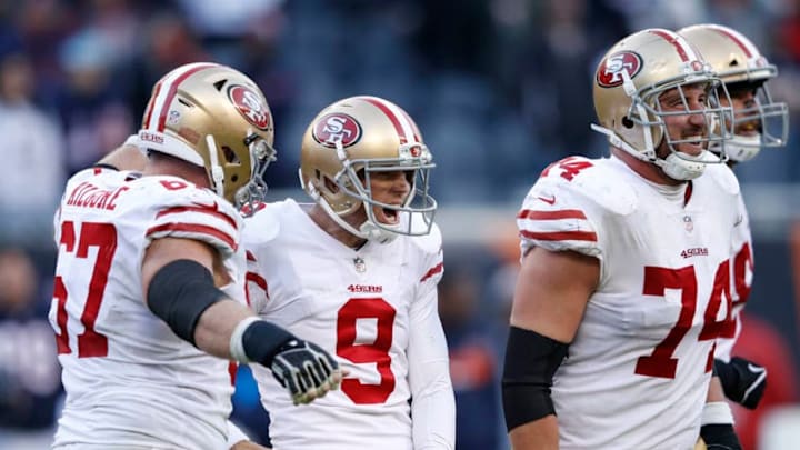 CHICAGO, IL - DECEMBER 03: Kicker Robbie Gould #9 of the San Francisco 49ers celebrates with teammates, including Joe Staley #74, after scoring the game winning field goal against the Chicago Bears in the fourth quarter at Soldier Field on December 3, 2017 in Chicago, Illinois. The San Francisco 49ers defeated the Chicago Bears 15-14. (Photo by Joe Robbins/Getty Images)