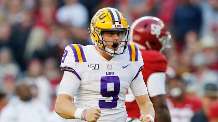 TUSCALOOSA, ALABAMA - NOVEMBER 09: Joe Burrow #9 of the LSU Tigers celebrates after throwing a 13-yard touchdown pass during the second quarter against the Alabama Crimson Tide in the game at Bryant-Denny Stadium on November 09, 2019 in Tuscaloosa, Alabama. (Photo by Kevin C. Cox/Getty Images)