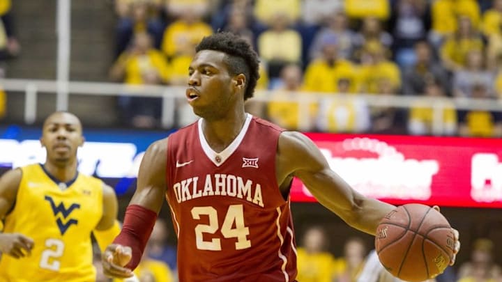 Feb 20, 2016; Morgantown, WV, USA; Oklahoma Sooners guard Buddy Hield (24) dribbles the ball during the first half against the West Virginia Mountaineers at the WVU Coliseum. Mandatory Credit: Ben Queen-USA TODAY Sports