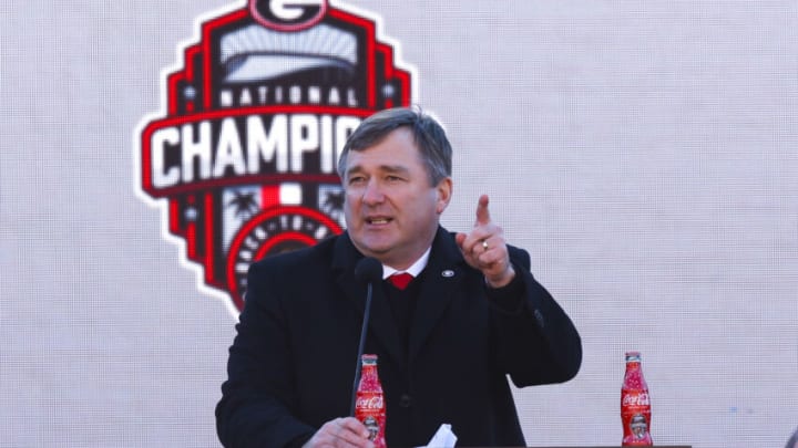 ATHENS, GA - JANUARY 14: Head coach Kirby Smart of the Georgia Bulldogs speaks during the national championship celebration on January 14, 2023 in Athens, Georgia. (Photo by Todd Kirkland/Getty Images)