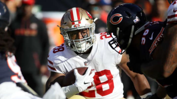 CHICAGO, IL – DECEMBER 03: Carlos Hyde #28 of the San Francisco 49ers carries the football in the first quarter against the Chicago Bears at Soldier Field on December 3, 2017 in Chicago, Illinois. (Photo by Jonathan Daniel/Getty Images)