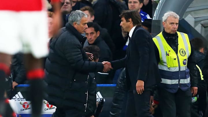LONDON, ENGLAND - OCTOBER 23: Jose Mourinho Manager of Manchester United shakes hands with Antonio Conte manager of Chelsea after the Premier League match between Chelsea and Manchester United at Stamford Bridge on October 23, 2016 in London, England. (Photo by Catherine Ivill - AMA/Getty Images)