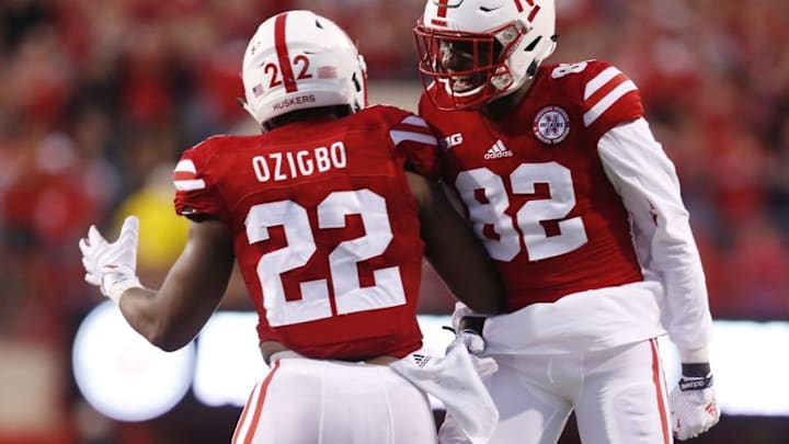 Sep 3, 2016; Lincoln, NE, USA; Nebraska Cornhuskers running back Devine Ozigbo (22) celebrates his touchdown with wide receiver Alonzo Moore (82) during the game against the Fresno State Bulldogs in the first quarter at Memorial Stadium. Mandatory Credit: Bruce Thorson-USA TODAY Sports