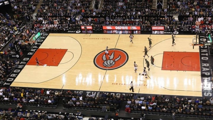 Jan 28, 2015; Toronto, Ontario, CAN; A general view of the court can be seen from above during the Toronto Raptors game against the Sacramento Kings at Air Canada Centre. The Raptors beat the Kings 119-102. Mandatory Credit: Tom Szczerbowski-USA TODAY Sports