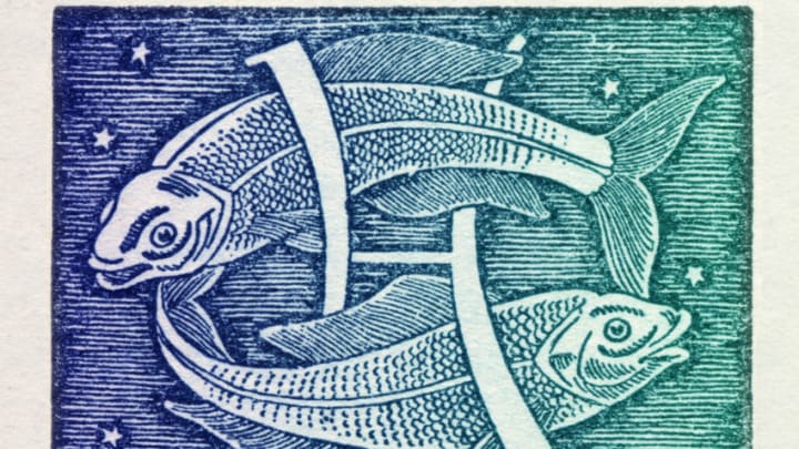 Pisces is the twelfth sign of the zodiac of western astrology, mobile and water; from 20 February to 20 March. Colored version of woodcut of 1942. Italy, Milan 2012. (Photo by Fototeca Gilardi/Getty Images)