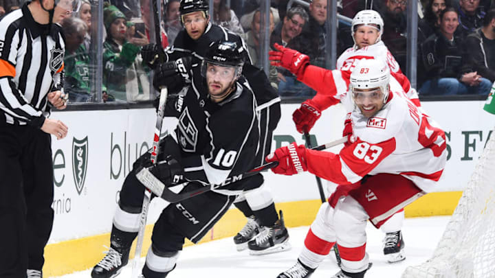 LOS ANGELES, CA - MARCH 15: Tobias Rieder #10 of the Los Angeles Kings skates after the puck against Trevor Daley #83 of the Detroit Red Wings at STAPLES Center on March 15, 2018 in Los Angeles, California. (Photo by Andrew D. Bernstein/NHLI via Getty Images) *** Local Caption ***