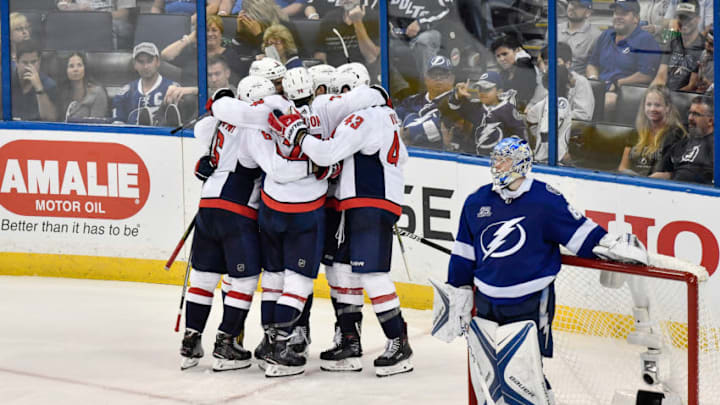 TAMPA, FL - MAY 13: Washington Capitals left wing Alex Ovechkin (8) celebrates his goal with his teammates during the third period of the second game of the NHL Stanley Cup Eastern Conference Final between the Washington Capitals and the Tampa Bay Lightning on May 13, 2018, at Amalie Arena in Tampa, FL. The Capitals defeated the Lightning 6-2 to take 2-0 series lead. (Photo by Roy K. Miller/Icon Sportswire via Getty Images)