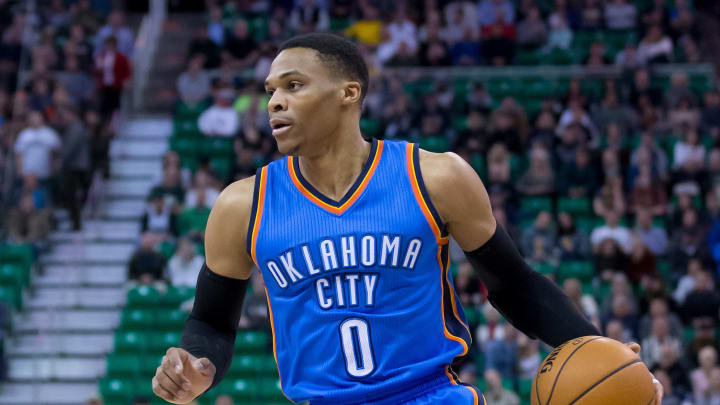 Dec 14, 2016; Salt Lake City, UT, USA; Oklahoma City Thunder guard Russell Westbrook (0) dribbles the ball during the first quarter against the Utah Jazz at Vivint Smart Home Arena. Mandatory Credit: Russ Isabella-USA TODAY Sports