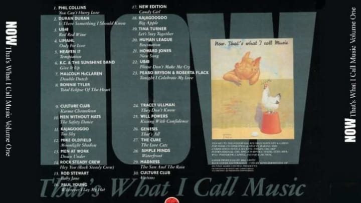 The back cover of the first Now That's What I Call Music! album, which included a picture of the vintage poster that inspired its name.