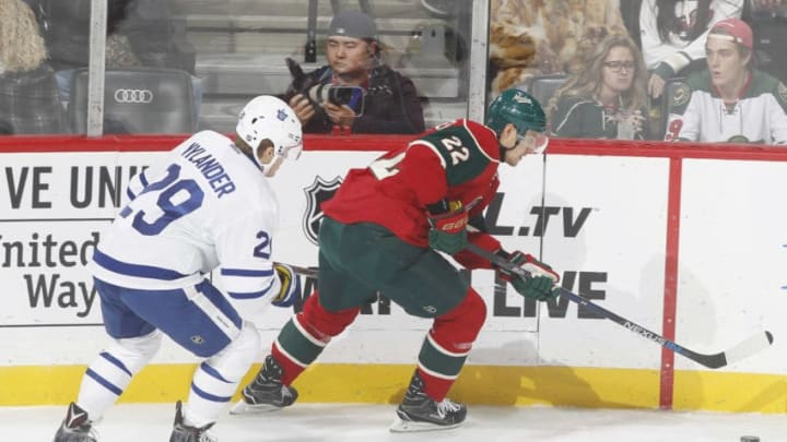 ST. PAUL, MN - OCTOBER 20: Nino Niederreiter #22 of the Minnesota Wild skates with the puck while William Nylander #29 of the Toronto Maple Leafs defends during the game on October 20, 2016 at the Xcel Energy Center in St. Paul, Minnesota. (Photo by Bruce Kluckhohn/NHLI via Getty Images)