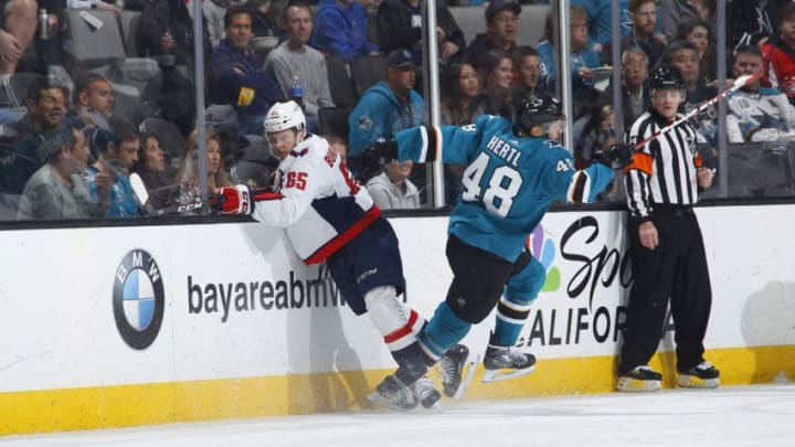 SAN JOSE, CA - MARCH 10: Andre Burakovsky #65 of the Washington Capitals skates against Tomas Hertl #48 of the San Jose Sharks at SAP Center on March 10, 2018 in San Jose, California. (Photo by Rocky W. Widner/NHL/Getty Images) *** Local Caption *** Andre Burakovsky; Tomas Hertl