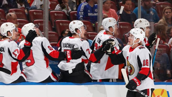 SUNRISE, FL - NOVEMBER 11: Ryan Dzingel #18 of the Ottawa Senators is congratulated by teammates after scoring a goal against the Florida Panthers during first period action at the BB&T Center on November 11, 2018 in Sunrise, Florida. (Photo by Joel Auerbach/Getty Images)