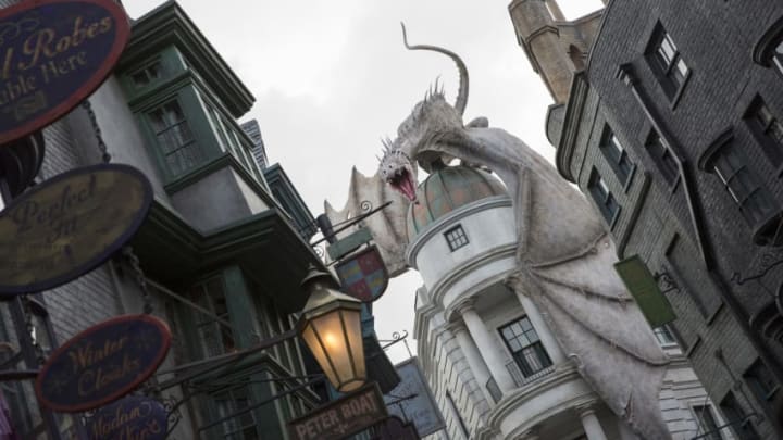 ORLANDO, FL - JUNE 18: In this handout photo provided by Universal Orlando Resort and taken June 13, 2014, today June 18, Universal Orlando announced that The Wizarding World of Harry Potters Diagon Alley will officially open on July 8, allowing guests to experience even more of Harry Potters adventures in an all-new, magnificently-themed environment. Located in the Universal Studios Florida theme park, The Wizarding World of Harry Potter - Diagon Alley will feature shops, dining experiences and the next generation thrill ride, Harry Potter and the Escape from Gringotts. The new immersive area will double the size of the sweeping land already found at Universals Islands of Adventure, expanding the spectacularly themed environment across both Universal theme parks and guests can journey between both lands aboard the Hogwarts Express. For additional information, visit www.UniversalOrlando.com/WizardingWorld. (Photo by Sheri Lowen/Universal Orlando Resort via Getty Images)