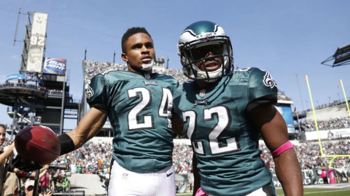 PHILADELPHIA, PA - OCTOBER 14: Nnamdi Asomugha #24 of the Philadelphia Eagles celebrates with teammate Brandon Boykin #22 after intercepting a pass against the Detroit Lions during the game at Lincoln Financial Field on October 14, 2012 in Philadelphia, Pennsylvania. The Lions won 26-23 in overtime. (Photo by Joe Robbins/Getty Images)