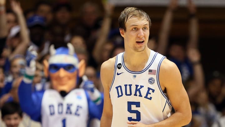 Feb 11, 2017; Durham, NC, USA; Duke Blue Devils guard Luke Kennard (5) reacts after scoring against the Clemson Tigers in the second half of their game at Cameron Indoor Stadium. Mandatory Credit: Mark Dolejs-USA TODAY Sports