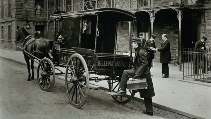 A horse-drawn ambulance outside New York City's Bellevue Hospital in 1895.