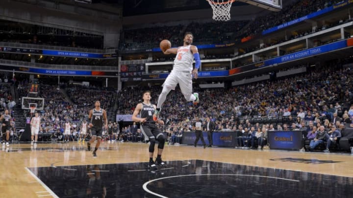 SACRAMENTO, CA - MARCH 4: Dennis Smith Jr. #5 of the New York Knicks dunks the ball during the game against the Sacramento Kings on March 4, 2019 at Golden 1 Center in Sacramento, California. NOTE TO USER: User expressly acknowledges and agrees that, by downloading and or using this Photograph, user is consenting to the terms and conditions of the Getty Images License Agreement. Mandatory Copyright Notice: Copyright 2019 NBAE (Photo by Rocky Widner/NBAE via Getty Images)