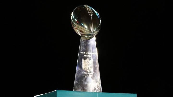 MIAMI, FLORIDA - JANUARY 27: The Vince Lombardi Trophy is displayed during Super Bowl Opening Night presented by BOLT24 at Marlins Park on January 27, 2020 in Miami, Florida. (Photo by Michael Reaves/Getty Images) MIAMI, FLORIDA - JANUARY 27: The Vince Lombardi Trophy is displayed during Super Bowl Opening Night presented by BOLT24 at Marlins Park on January 27, 2020 in Miami, Florida. (Photo by Michael Reaves/Getty Images)