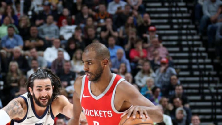 SALT LAKE CITY, UT – FEBRUARY 26: Chris Paul #3 of the Houston Rockets handles the ball against the Utah Jazz on February 26, 2018 at vivint.SmartHome Arena in Salt Lake City, Utah. NOTE TO USER: User expressly acknowledges and agrees that, by downloading and or using this Photograph, User is consenting to the terms and conditions of the Getty Images License Agreement. Mandatory Copyright Notice: Copyright 2018 NBAE (Photo by Melissa Majchrzak/NBAE via Getty Images)