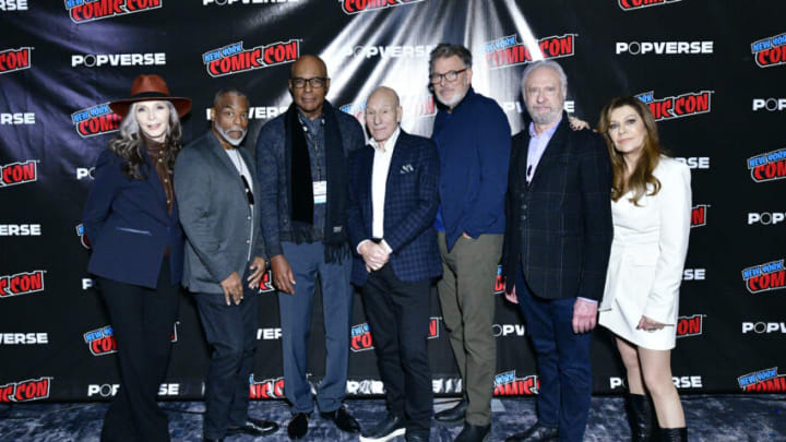 NEW YORK, NEW YORK - OCTOBER 08: (L-R) Gates McFadden, LeVar Burton, Michael Dorn, Patrick Stewart, Jonathan Frakes, Brent Spiner and Marina Sirtis attend the Star Trek Universe panel during New York Comic Con on October 08, 2022 in New York City. (Photo by Eugene Gologursky/Getty Images for Paramount+)