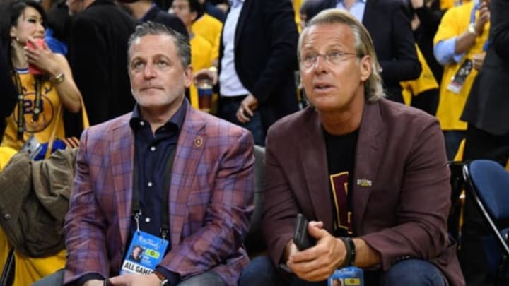 Jun 1, 2017; Oakland, CA, USA; Cleveland Cavaliers owner Dan Gilbert (left) and vice chairman Nate Forbes (right) before game one of the Finals for the 2017 NBA Playoffs against the Golden State Warriors at Oracle Arena. Mandatory Credit: Kyle Terada-USA TODAY Sports