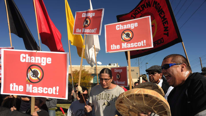 Kordell Kills Crow, Gerard Montour and Chuntay Her Many Horses protest outside of Sports Authority Field at Mile High in Denver, Co on October 27, 2013. (Photo By Helen H. Richardson/ The Denver Post)