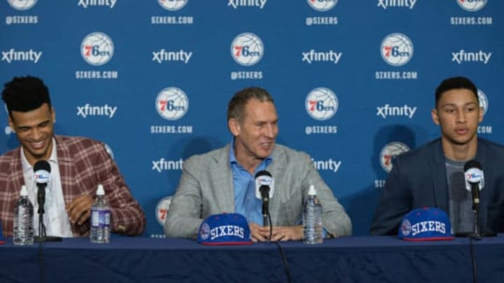 Jun 24, 2016; Philadelphia, PA, USA; Philadelphia 76ers number one overall draft pick Ben Simmons (R) and President of Basketball Operations Bryan Colangelo (M) and number twenty-fourth overall draft pick Timothe Luwawu-Cabarrot (L) during an introduction press conference at the Philadelphia College Of Osteopathic Medicine. Mandatory Credit: Bill Streicher-USA TODAY Sports