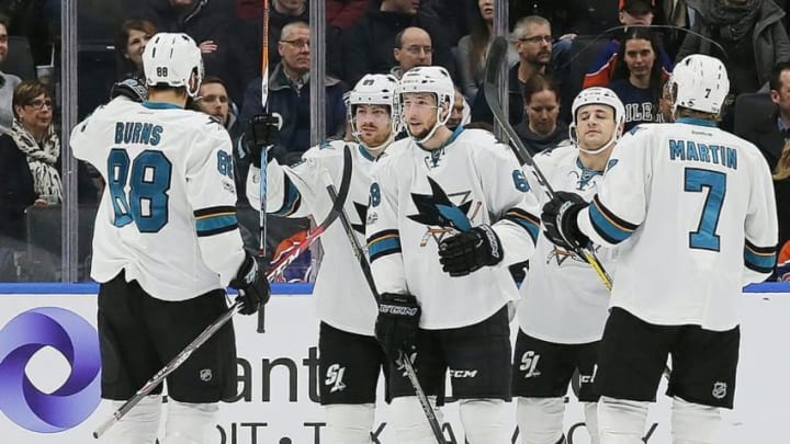 Jan 10, 2017; Edmonton, Alberta, CAN; San Jose Sharks celebrate a first period goal by forward Mikkel Boedker (89) against the Edmonton Oilers at Rogers Place. Mandatory Credit: Perry Nelson-USA TODAY Sports