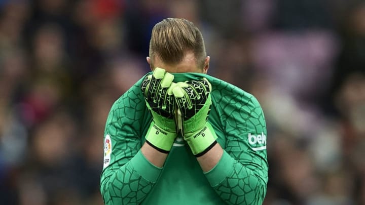 BARCELONA, SPAIN - DECEMBER 02: Ter Stegen of Barcelona reacts during the La Liga match between Barcelona and Celta de Vigo at Camp Nou on December 2, 2017 in Barcelona, Spain. (Photo by Manuel Queimadelos Alonso/Getty Images)