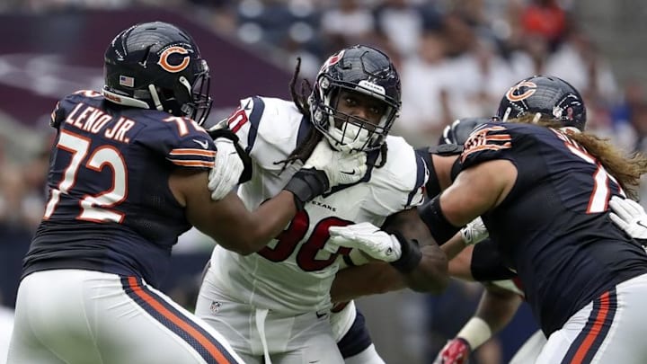 Sep 11, 2016; Houston, TX, USA; Houston Texans outside linebacker Jadeveon Clowney (90) in action against Chicago Bears tackle Charles Leno (72) during the game at NRG Stadium. Mandatory Credit: Kevin Jairaj-USA TODAY Sports