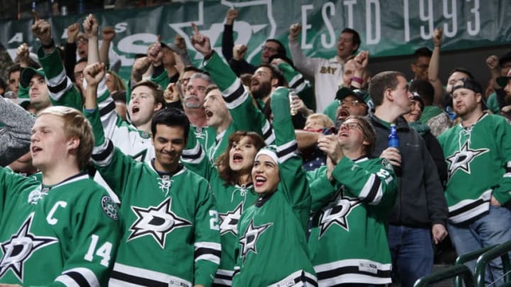 DALLAS, TX - FEBRUARY 24: Dallas Stars fans celebrate a win against the Arizona Coyotes at the American Airlines Center on February 24, 2017 in Dallas, Texas. (Photo by Glenn James/NHLI via Getty Images)