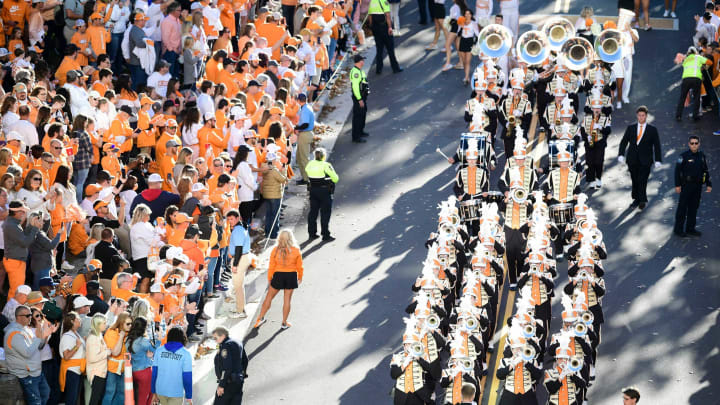 The Pride of the Southland Band marches to the stadium in the Vol Walk before an SEC football game between Tennessee and Ole Miss at Neyland Stadium in Knoxville, Tenn. on Saturday, Oct. 16, 2021.Kns Tennessee Ole Miss Football