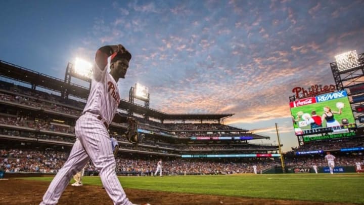 Jul 15, 2016; Philadelphia, PA, USA; Philadelphia Phillies center fielder Odubel Herrera (37) takes the field for the sixth inning against the New York Mets at Citizens Bank Park. The Mets won 5-3. Mandatory Credit: Bill Streicher-USA TODAY Sports