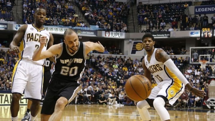 Mar 7, 2016; Indianapolis, IN, USA; San Antonio Spurs guard Manu Ginobli (20) chases after a loose ball in a game against the Indiana Pacers at Bankers Life Fieldhouse. Mandatory Credit: Brian Spurlock-USA TODAY Sports
