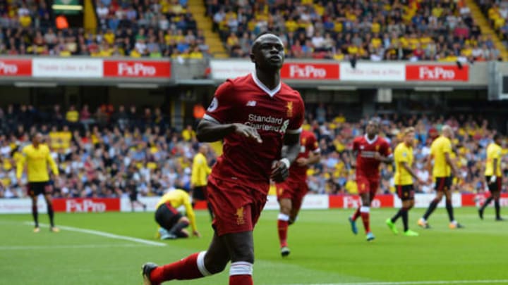 WATFORD, ENGLAND – AUGUST 12: Sadio Mane of Liverpool celebrates scoring his sides first goal during the Premier League match between Watford and Liverpool at Vicarage Road on August 12, 2017 in Watford, England. (Photo by Tony Marshall/Getty Images)