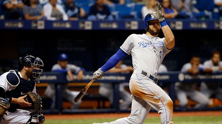 Kansas City Royals left fielder Alex Gordon (4) strikes out – Mandatory Credit: Kim Klement-USA TODAY Sports