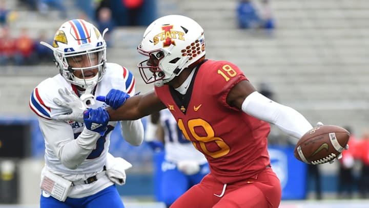 LAWRENCE, KS – NOVERMBER 3: Wide receiver Hakeem Butler #18 of the Iowa State Cyclones slips past cornerback Hasan Defense #13 of the Kansas Jayhawks as goes for a 51-yard touchdown pass in the first quarter at Memorial Stadium on November 3, 2018 in Lawrence, Kansas. (Photo by Ed Zurga/Getty Images)