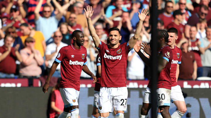 LONDON, ENGLAND - APRIL 20: Lucas Perez of West Ham United celebrates with team mates after scoring their team's second goal during the Premier League match between West Ham United and Leicester City at London Stadium on April 20, 2019 in London, United Kingdom. (Photo by Stephen Pond/Getty Images)