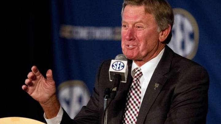 Jul 15, 2014; Hoover, AL, USA; South Carolina Gamecocks head coach Steve Spurrier talks to the media during the SEC Football Media Days at the Wynfrey Hotel. Mandatory Credit: Marvin Gentry-USA TODAY Sports