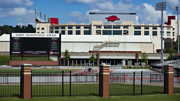 FAYETTEVILLE, AR – SEPTEMBER 1: View of Donald W. Reynolds Stadium, home of the Arkansas Razorbacks, and John McDonnell Field before a game against the Eastern Illinois Panthers at Razorback Stadium on September 1, 2018 in Fayetteville, Arkansas. (Photo by Wesley Hitt/Getty Images)