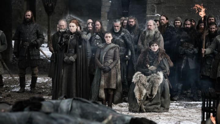 Rory McCann, Liam Cunningham, Sophie Turner, Maisie Williams, and Isaac Hempstead Wright in Game of Thrones