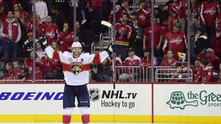 WASHINGTON, DC - OCTOBER 19: Jonathan Huberdeau #11 of the Florida Panthers celebrates after scoring the game winning goal during a shootout against the Washington Capitals at Capital One Arena on October 19, 2018 in Washington, DC. The Panthers defeated the Capitals 6-5. (Photo by Patrick McDermott/NHLI via Getty Images)