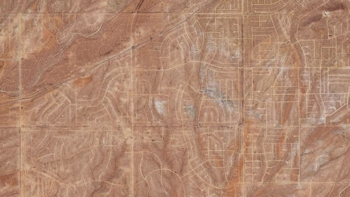 A satellite image of California City, whose square mileage makes it bigger than Redwood National Park.