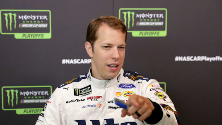CHARLOTTE, NC - SEPTEMBER 13: Brad Keselowski speaks to the media as one of the 16 drivers eligible to win the Monster Energy NASCAR Cup Series Championship during the 2017 NASCAR Playoffs Production