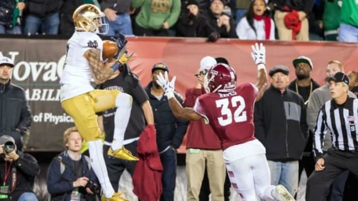 Oct 31, 2015; Philadelphia, PA, USA; Notre Dame Fighting Irish wide receiver William Fuller (7) catches a pass for a touchdown over Temple Owls safety Will Hayes (32) in the fourth quarter at Lincoln Financial Field. Notre Dame won 24-20. Mandatory Credit: Matt Cashore-USA TODAY Sports