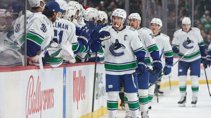 Oct 20, 2022; Saint Paul, Minnesota, USA; Vancouver Canucks center Bo Horvat (53) celebrates his goal against the Minnesota Wild during the first period at Xcel Energy Center. Mandatory Credit: Matt Krohn-USA TODAY Sports