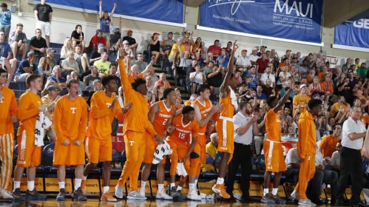 Nov 22, 2016; Maui, HI, USA; Tennessee Volunteers bench reacts to making a three pointer against the Oregon Ducks during the Maui Jim Maui Invitational at the Lahaina Civic Center. Mandatory Credit: Brian Spurlock-USA TODAY Sports